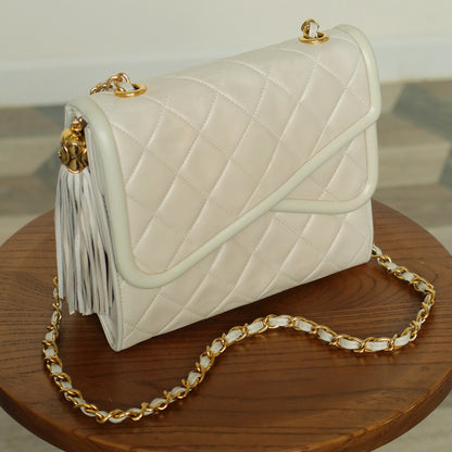 Chanel Vintage Ivory Lambskin Tassel Diamond Stitched 24k Asymmetrical Double Flap Bag