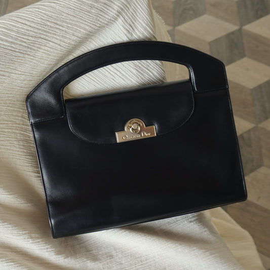 Christian Dior Vintage Black Calfskin Leather Gold Turn lock Top Handle Bag