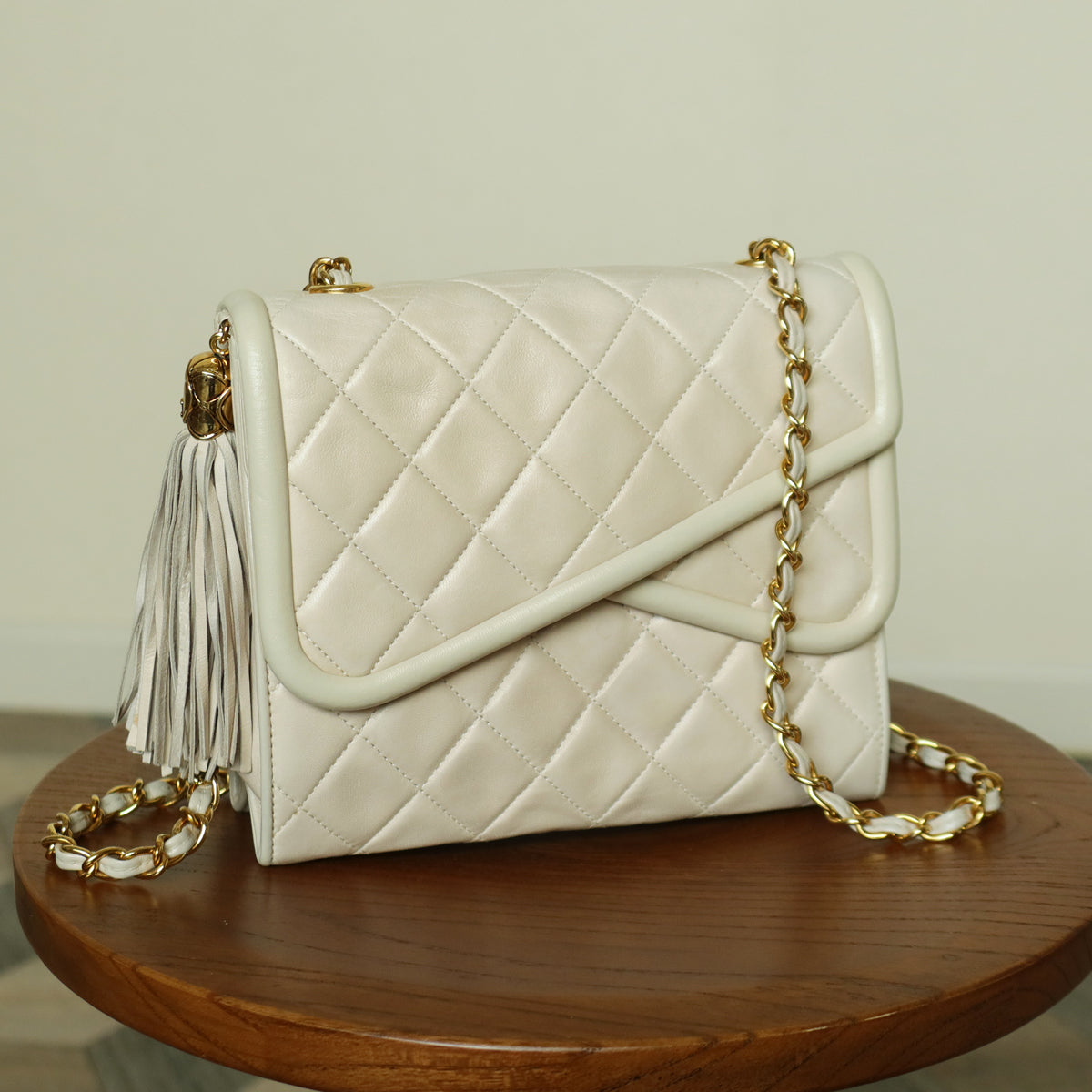 Chanel Vintage Ivory Lambskin Tassel Diamond Stitched 24k Asymmetrical Double Flap Bag