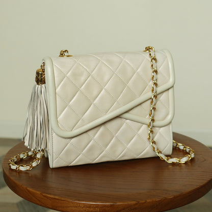 Chanel Vintage Ivory Lambskin Tassel Diamond Stitched 24k Asymmetrical Double Flap Bag