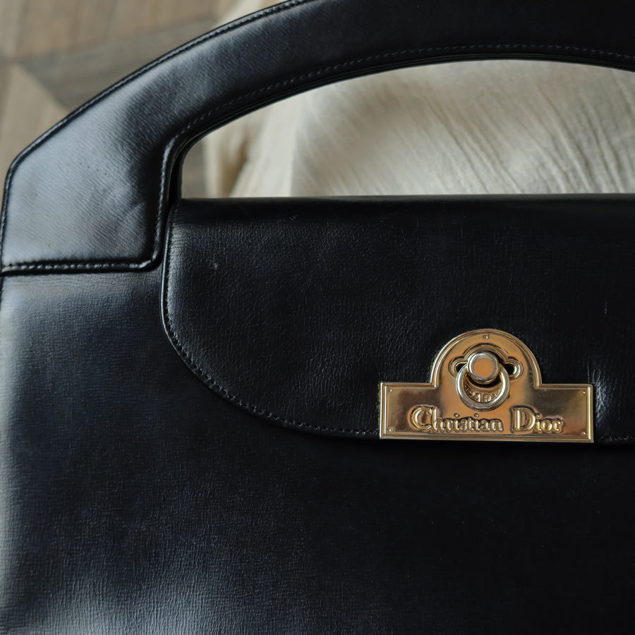 Christian Dior Vintage Black Calfskin Leather Gold Turn lock Top Handle Bag