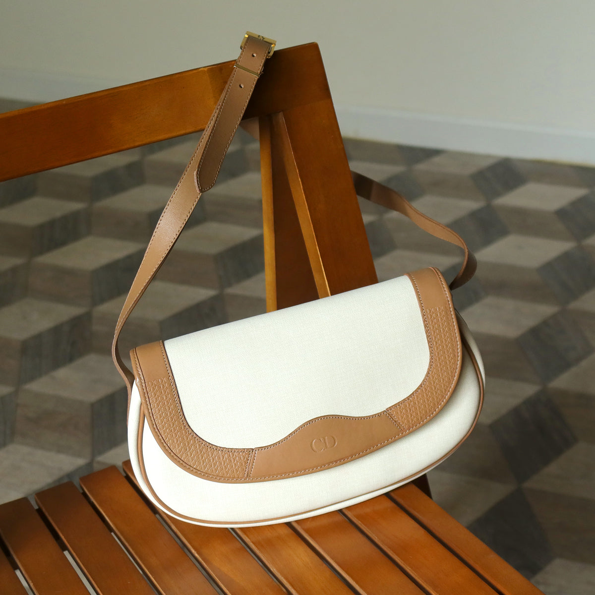 Christian Dior Vintage Ivory x Brown Leather CD Logo Monogram Flap Crossbody bag