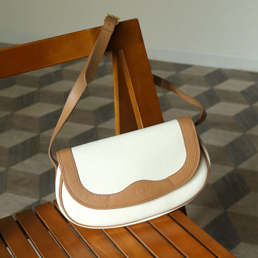 Christian Dior Vintage Ivory x Brown Leather CD Logo Monogram Flap Crossbody bag