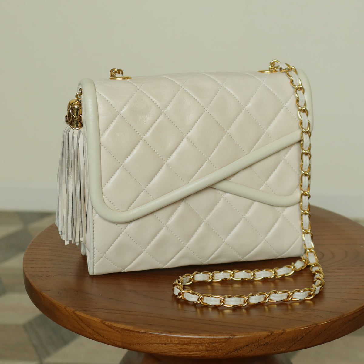 Chanel Vintage Ivory Lambskin Tassel Diamond Stitched 24k Asymmetrical Double Flap Bag