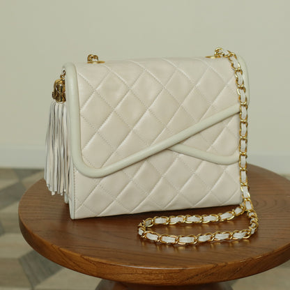 Chanel Vintage Ivory Lambskin Tassel Diamond Stitched 24k Asymmetrical Double Flap Bag