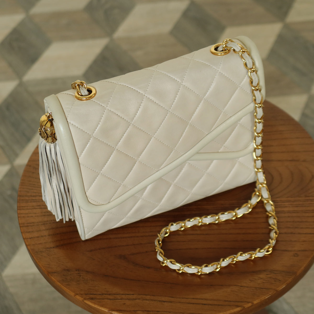 Chanel Vintage Ivory Lambskin Tassel Diamond Stitched 24k Asymmetrical Double Flap Bag