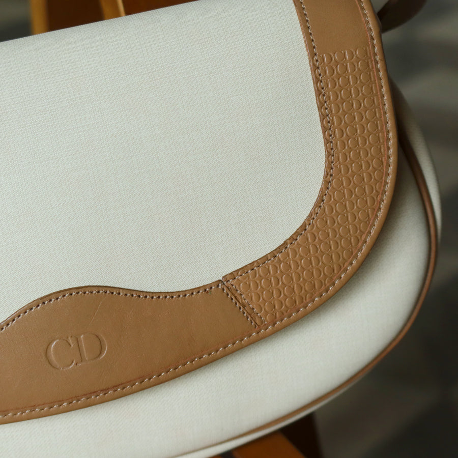 Christian Dior Vintage Ivory x Brown Leather CD Logo Monogram Flap Crossbody bag