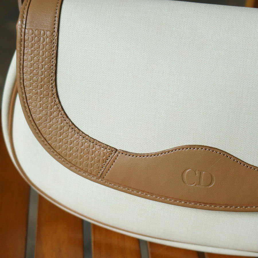 Christian Dior Vintage Ivory x Brown Leather CD Logo Monogram Flap Crossbody bag