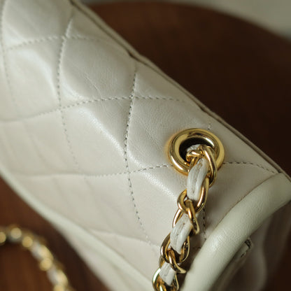 Chanel Vintage Ivory Lambskin Gold Tassel Asymmetrical Double Flap Bag S
