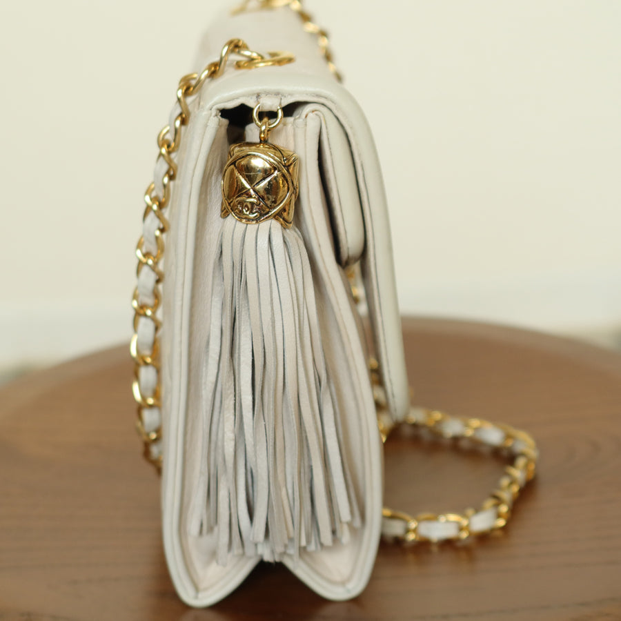 Chanel Vintage Ivory Lambskin Tassel Diamond Stitched 24k Asymmetrical Double Flap Bag