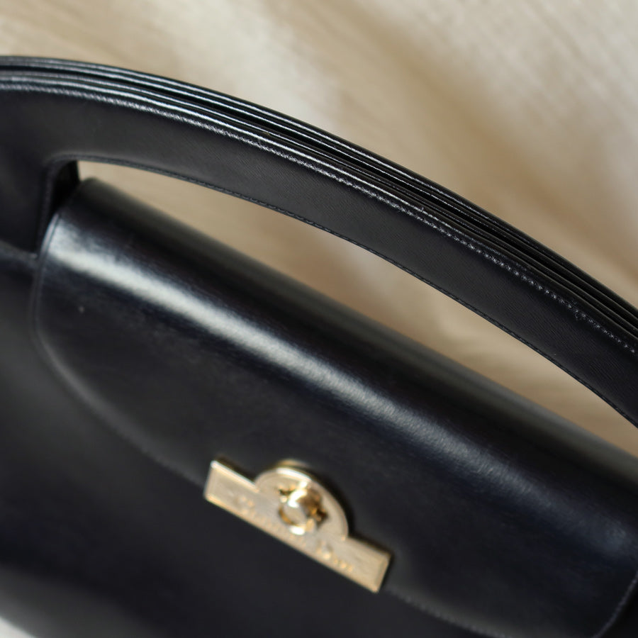 Christian Dior Vintage Black Calfskin Leather Gold Turn lock Top Handle Bag