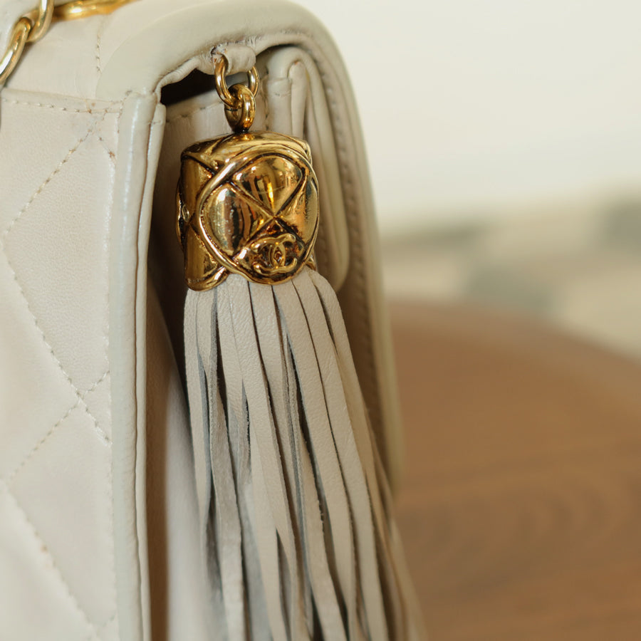 Chanel Vintage Ivory Lambskin Tassel Diamond Stitched 24k Asymmetrical Double Flap Bag