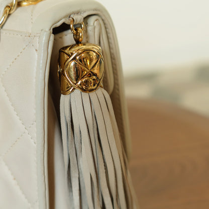 Chanel Vintage Ivory Lambskin Tassel Diamond Stitched 24k Asymmetrical Double Flap Bag