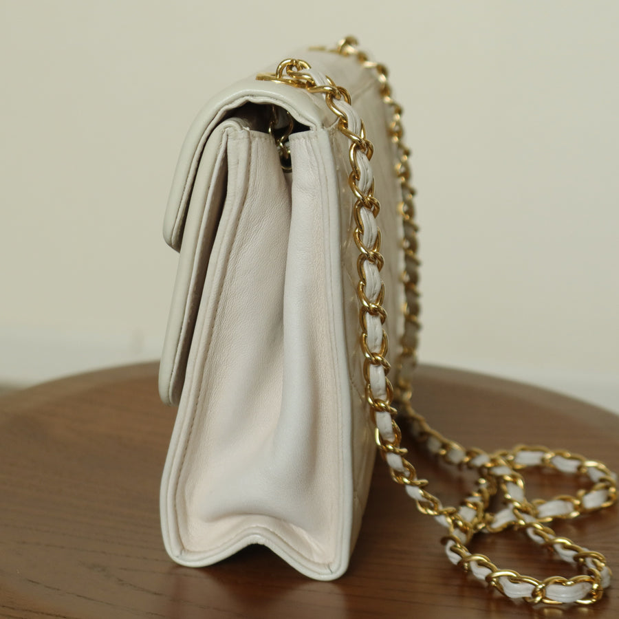 Chanel Vintage Ivory Lambskin Tassel Diamond Stitched 24k Asymmetrical Double Flap Bag