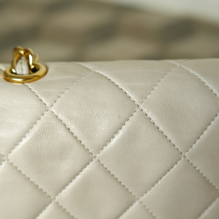 Chanel Vintage Ivory Lambskin Gold Tassel Asymmetrical Double Flap Bag S