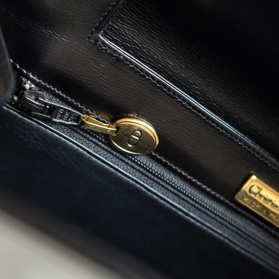 Christian Dior Vintage Black Calfskin Leather Gold Turn lock Top Handle Bag