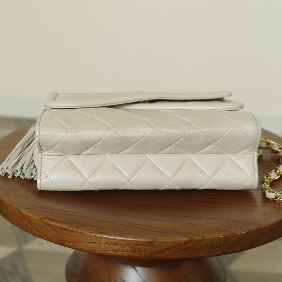 Chanel Vintage Ivory Lambskin Gold Tassel Asymmetrical Double Flap Bag S