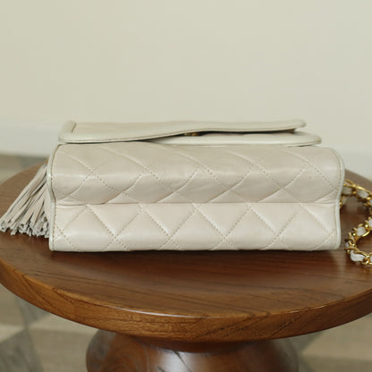 Chanel Vintage Ivory Lambskin Gold Tassel Asymmetrical Double Flap Bag S
