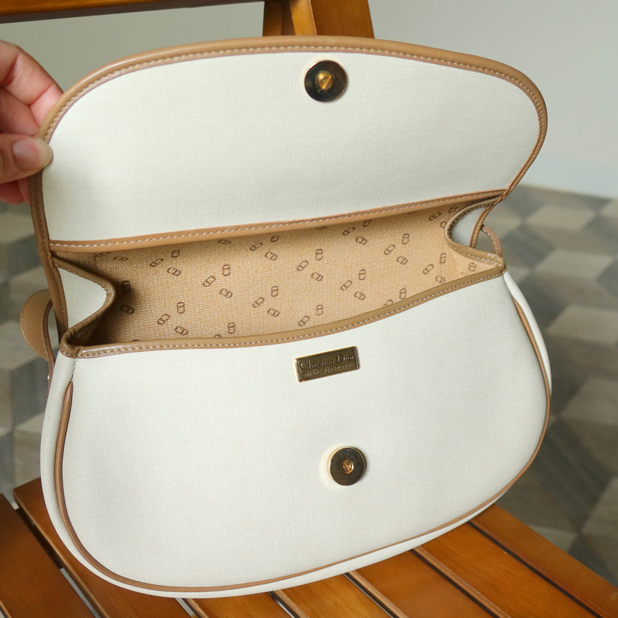 Christian Dior Vintage Ivory x Brown Leather CD Logo Monogram Flap Crossbody bag