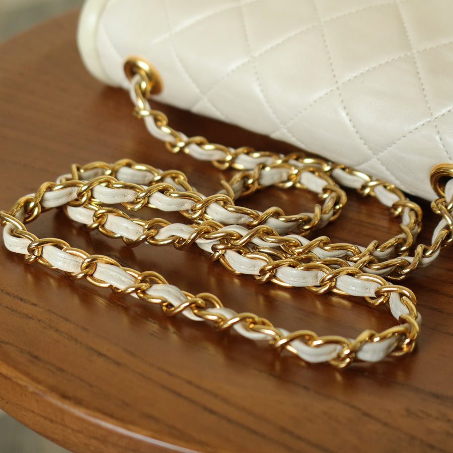 Chanel Vintage Ivory Lambskin Tassel Diamond Stitched 24k Asymmetrical Double Flap Bag