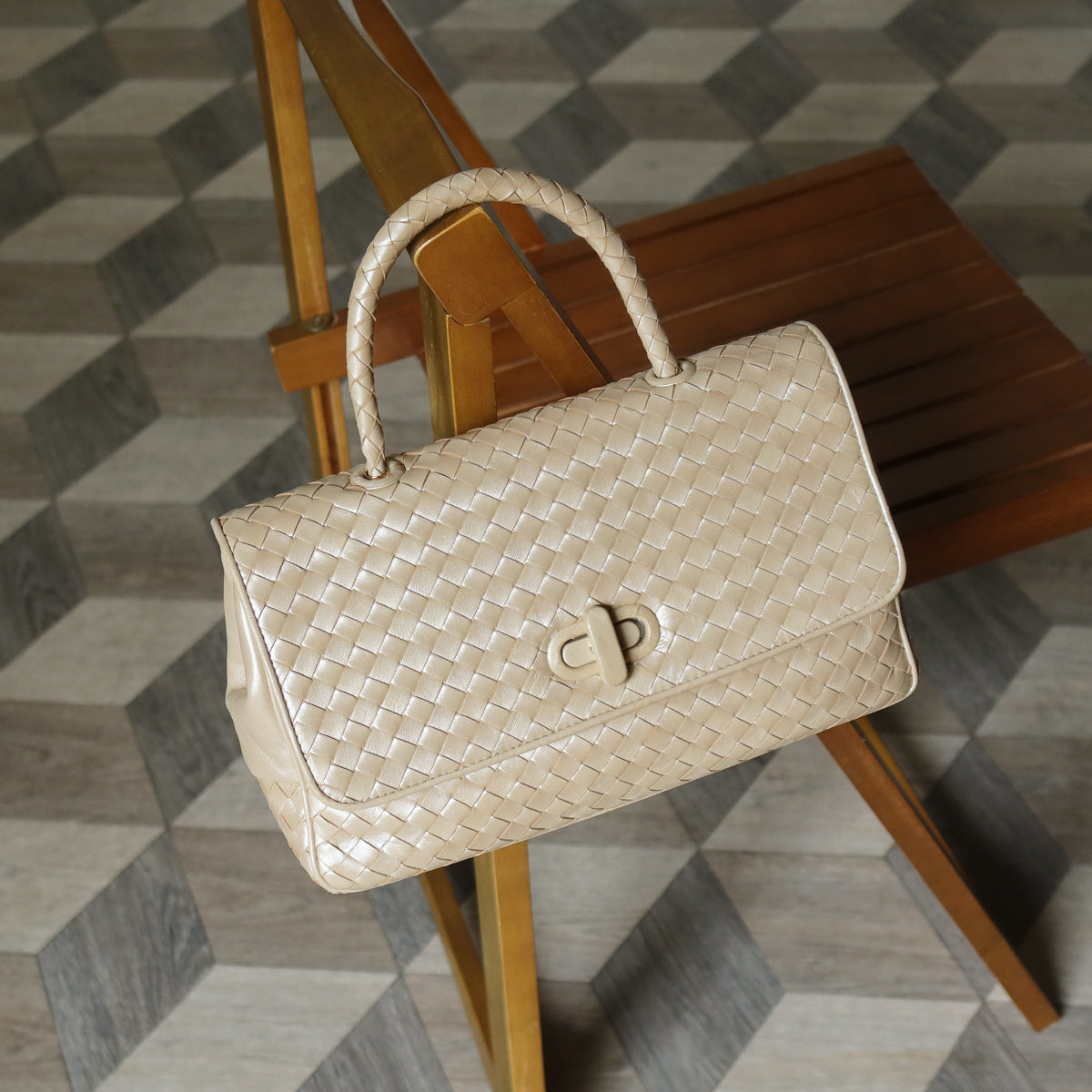 Bottega Veneta Vintage Shimmery Champagne Leather Intrecciato Turn Lock Braided Top Handle Bag