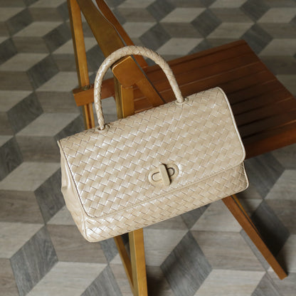 Bottega Veneta Vintage Shimmery Champagne Leather Intrecciato Turn Lock Braided Top Handle Bag