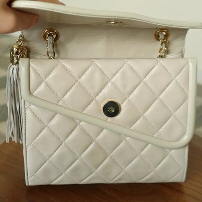 Chanel Vintage Ivory Lambskin Gold Tassel Asymmetrical Double Flap Bag S