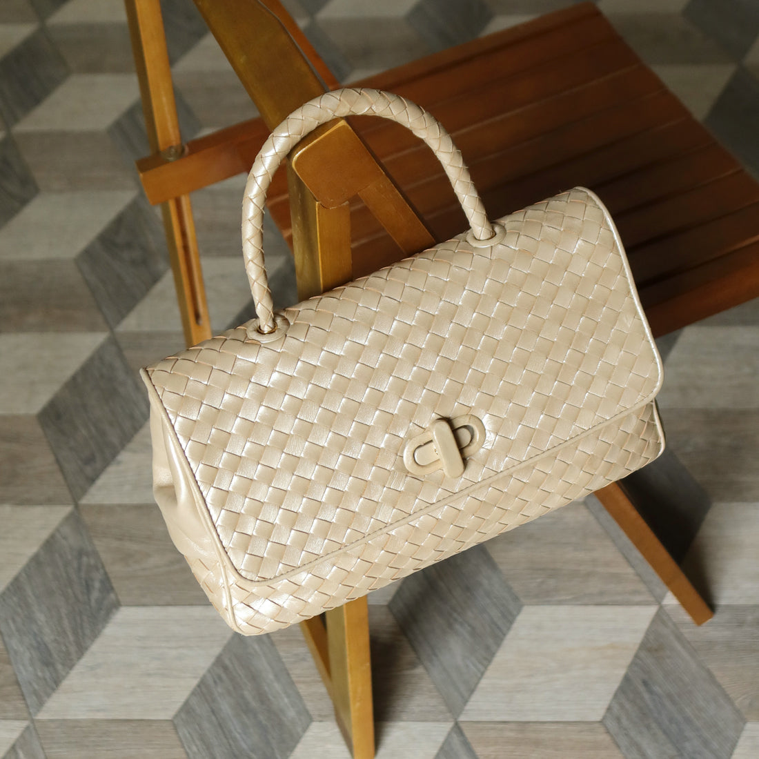 Bottega Veneta Vintage Shimmery Champagne Leather Intrecciato Turn Lock Braided Top Handle Bag