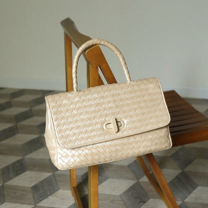 Bottega Veneta Vintage Shimmery Champagne Leather Intrecciato Turn Lock Braided Top Handle Bag