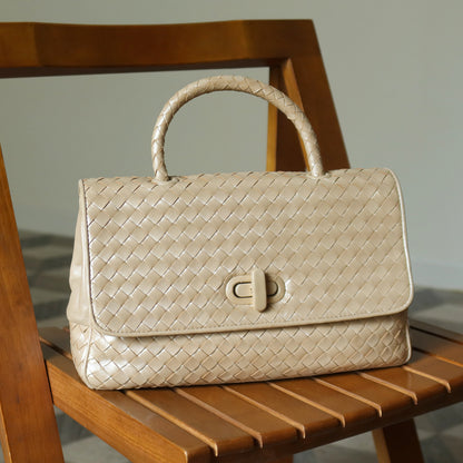 Bottega Veneta Vintage Shimmery Champagne Leather Intrecciato Turn Lock Braided Top Handle Bag