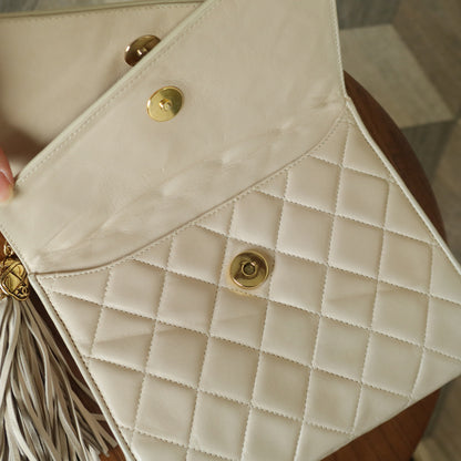 Chanel Vintage Ivory Lambskin Tassel Diamond Stitched 24k Asymmetrical Double Flap Bag
