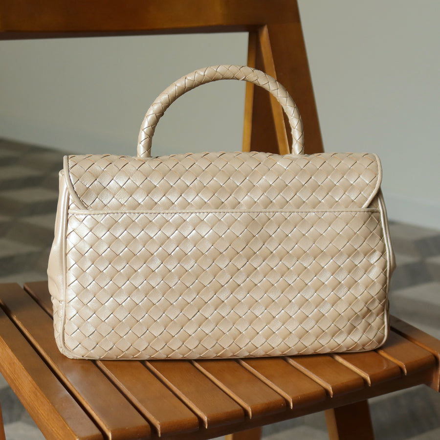 Bottega Veneta Vintage Shimmery Champagne Leather Intrecciato Turn Lock Braided Top Handle Bag