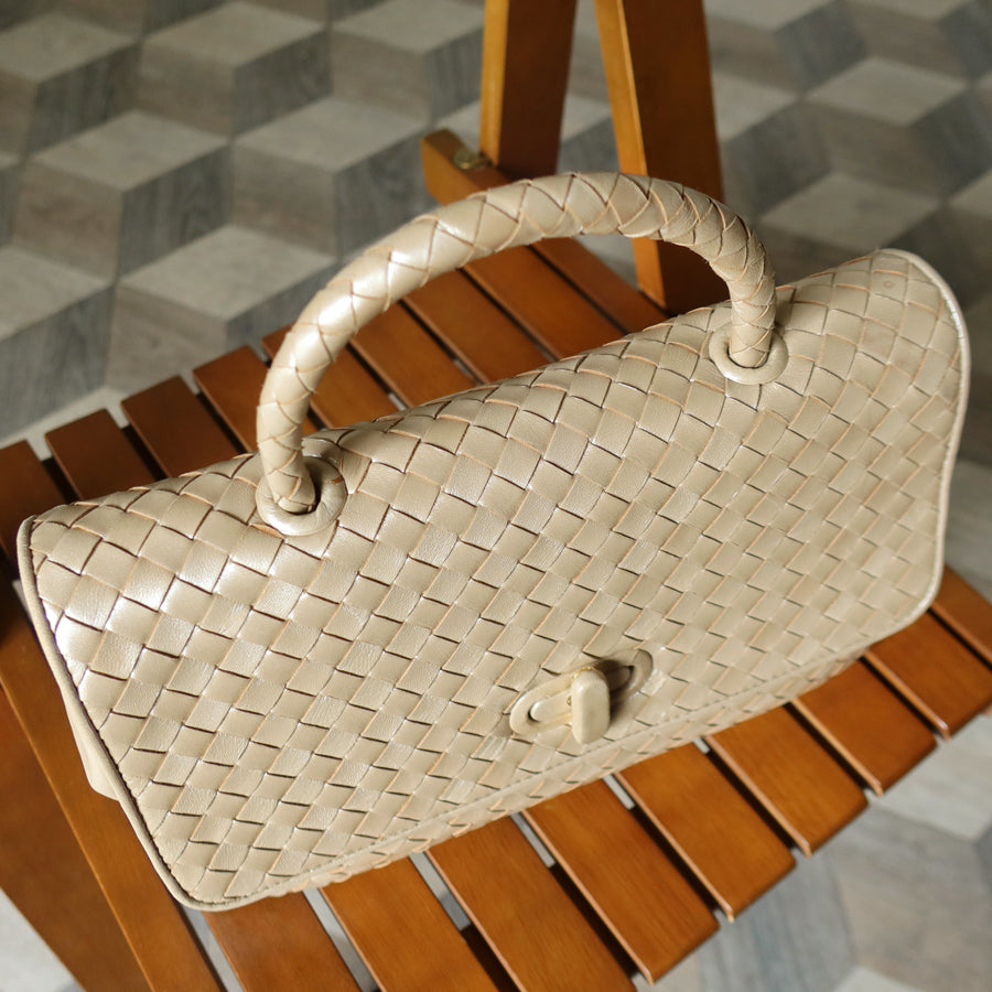 Bottega Veneta Vintage Shimmery Champagne Leather Intrecciato Turn Lock Braided Top Handle Bag