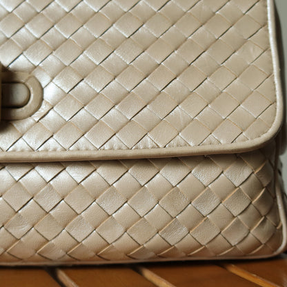 Bottega Veneta Vintage Shimmery Champagne Leather Intrecciato Turn Lock Braided Top Handle Bag