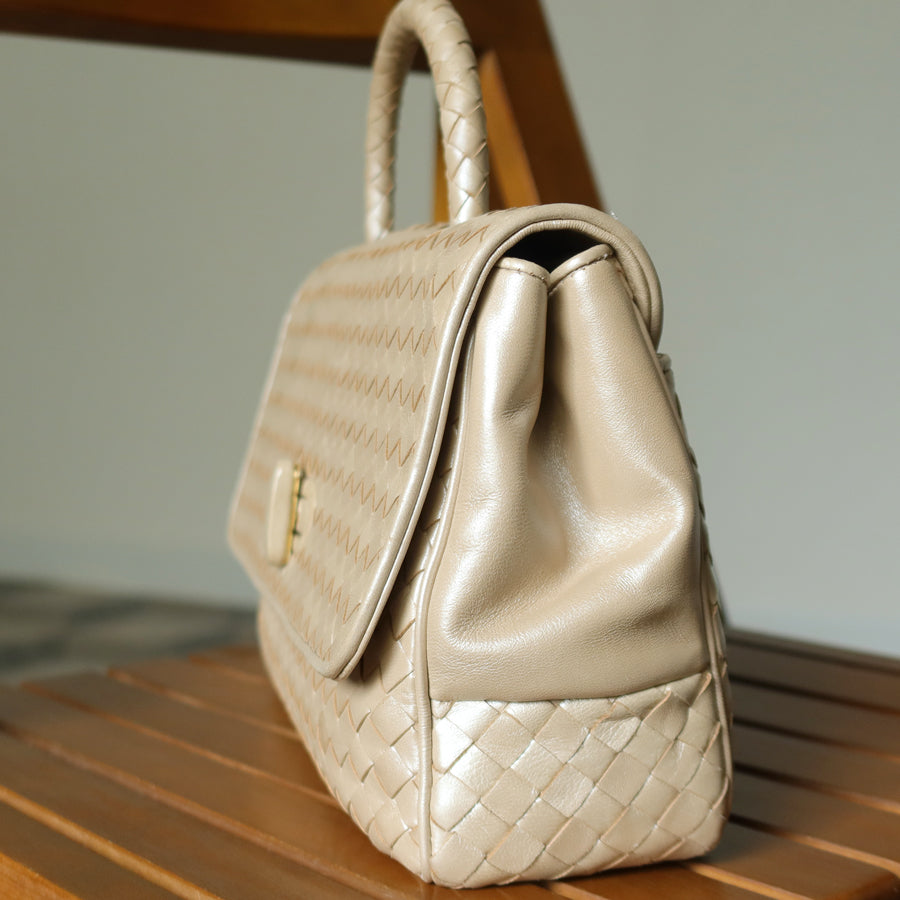 Bottega Veneta Vintage Shimmery Champagne Leather Intrecciato Turn Lock Braided Top Handle Bag