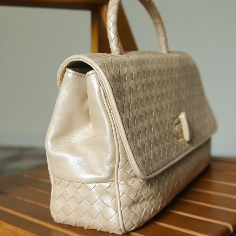 Bottega Veneta Vintage Shimmery Champagne Leather Intrecciato Turn Lock Braided Top Handle Bag