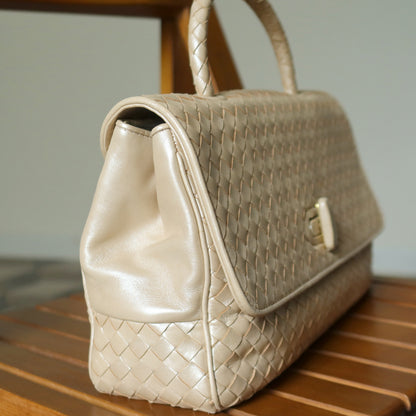 Bottega Veneta Vintage Shimmery Champagne Leather Intrecciato Turn Lock Braided Top Handle Bag