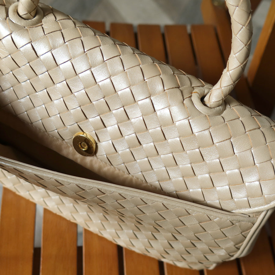 Bottega Veneta Vintage Shimmery Champagne Leather Intrecciato Turn Lock Braided Top Handle Bag