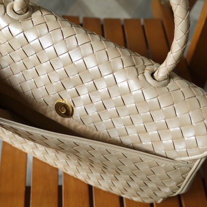 Bottega Veneta Vintage Shimmery Champagne Leather Intrecciato Turn Lock Braided Top Handle Bag