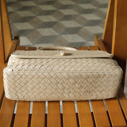 Bottega Veneta Vintage Shimmery Champagne Leather Intrecciato Turn Lock Braided Top Handle Bag