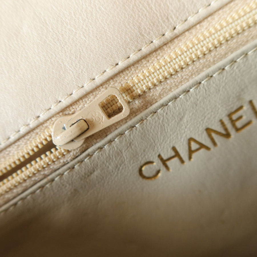 Chanel Vintage Ivory Lambskin Gold Tassel Asymmetrical Double Flap Bag S