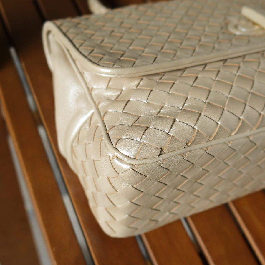 Bottega Veneta Vintage Shimmery Champagne Leather Intrecciato Turn Lock Braided Top Handle Bag
