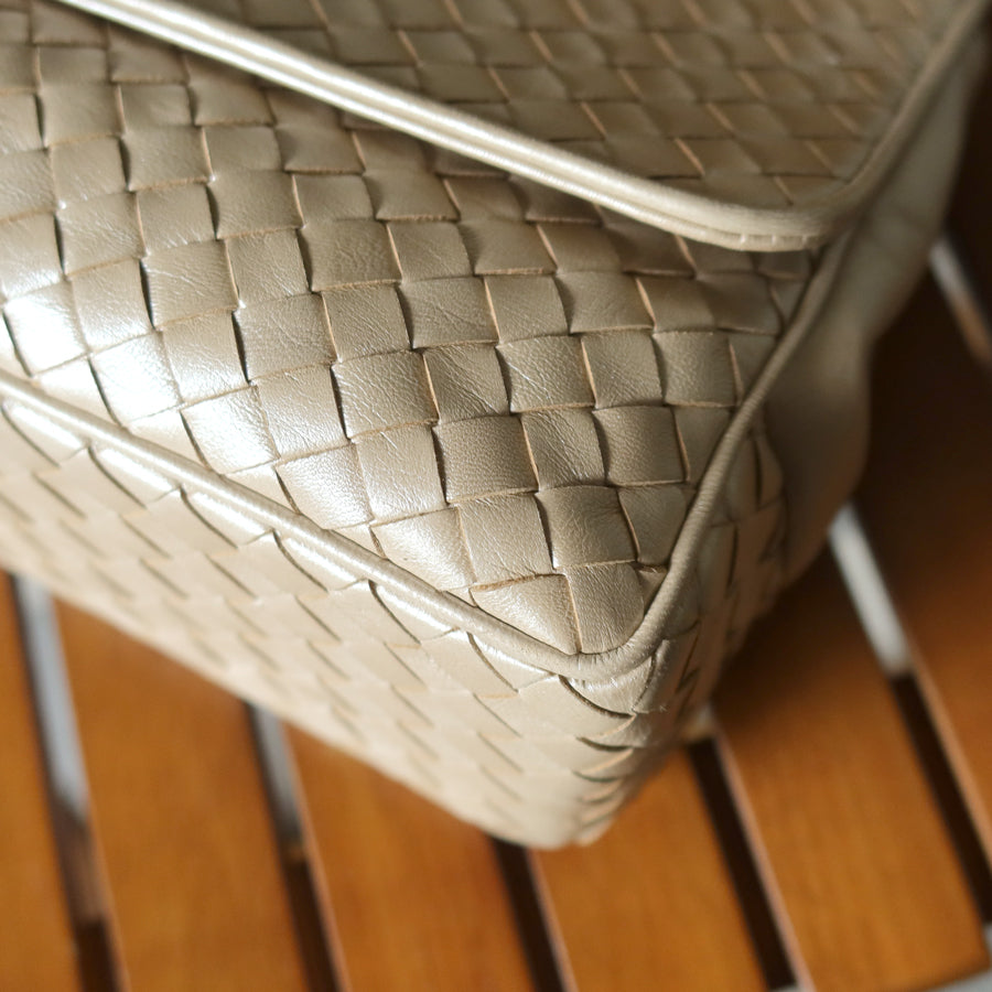 Bottega Veneta Vintage Shimmery Champagne Leather Intrecciato Turn Lock Braided Top Handle Bag
