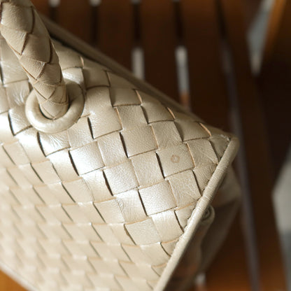 Bottega Veneta Vintage Shimmery Champagne Leather Intrecciato Turn Lock Braided Top Handle Bag