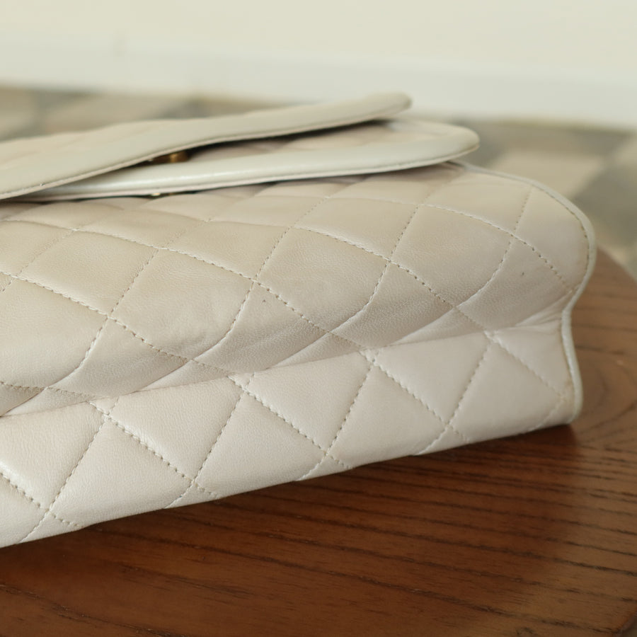 Chanel Vintage Ivory Lambskin Gold Tassel Asymmetrical Double Flap Bag S