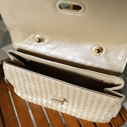 Bottega Veneta Vintage Shimmery Champagne Leather Intrecciato Turn Lock Braided Top Handle Bag