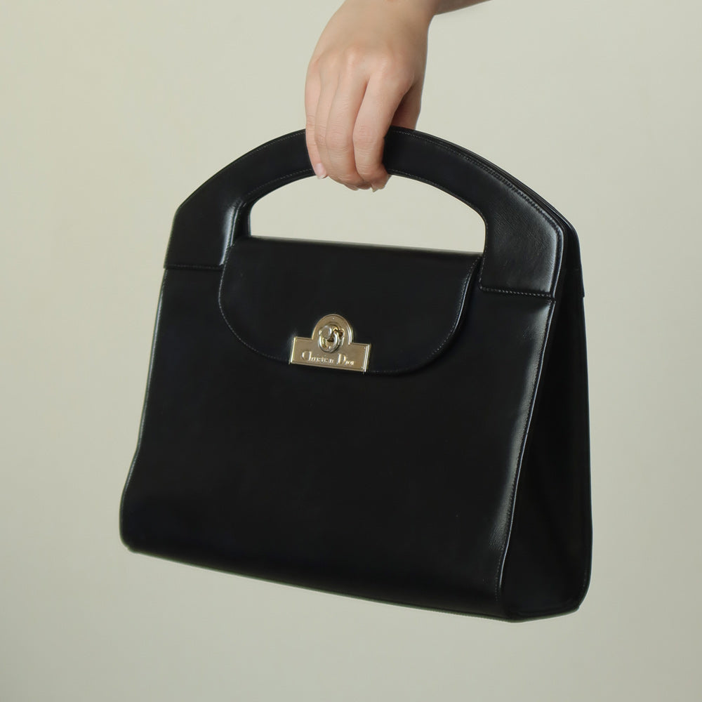 Christian Dior Vintage Black Calfskin Leather Gold Turn lock Top Handle Bag