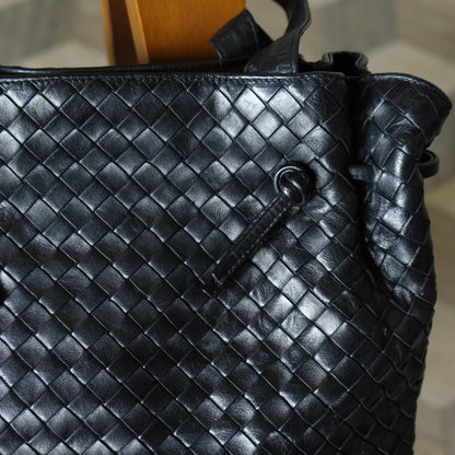 Bottega Veneta Vintage Black Leather Intrecciato Weave Knots Shoulder Bag