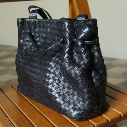 Bottega Veneta Vintage Black Leather Intrecciato Weave Knots Shoulder Bag