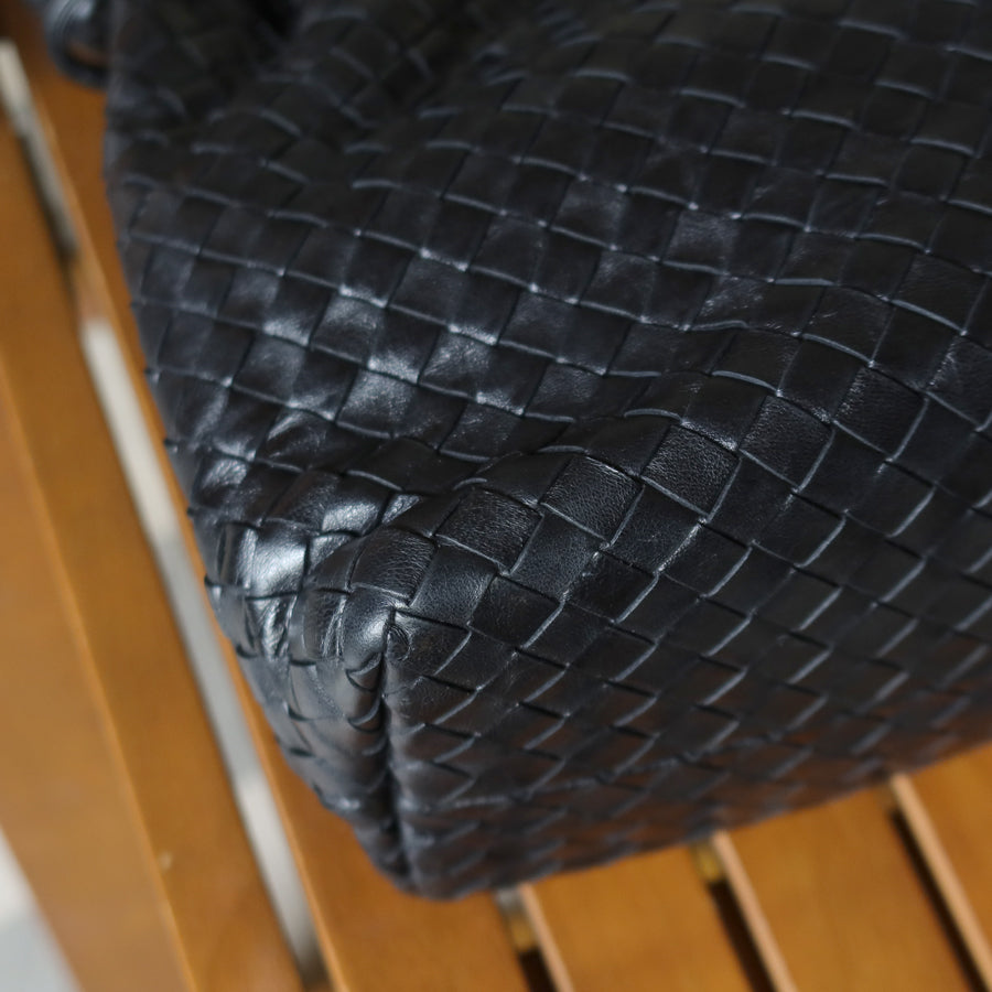 Bottega Veneta Vintage Black Leather Intrecciato Weave Knots Shoulder Bag